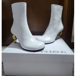 White Leather Ankle Boots with Gold Heel